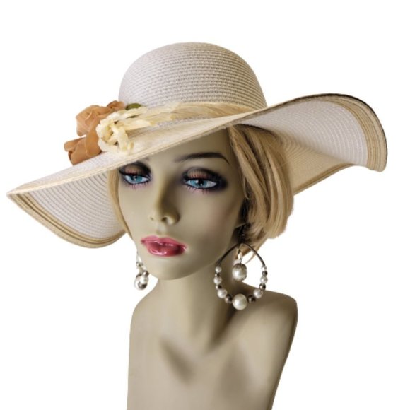 White Paper Straw Hat with Floral Embellish Wide Brim Sun Beach Hat main image 8